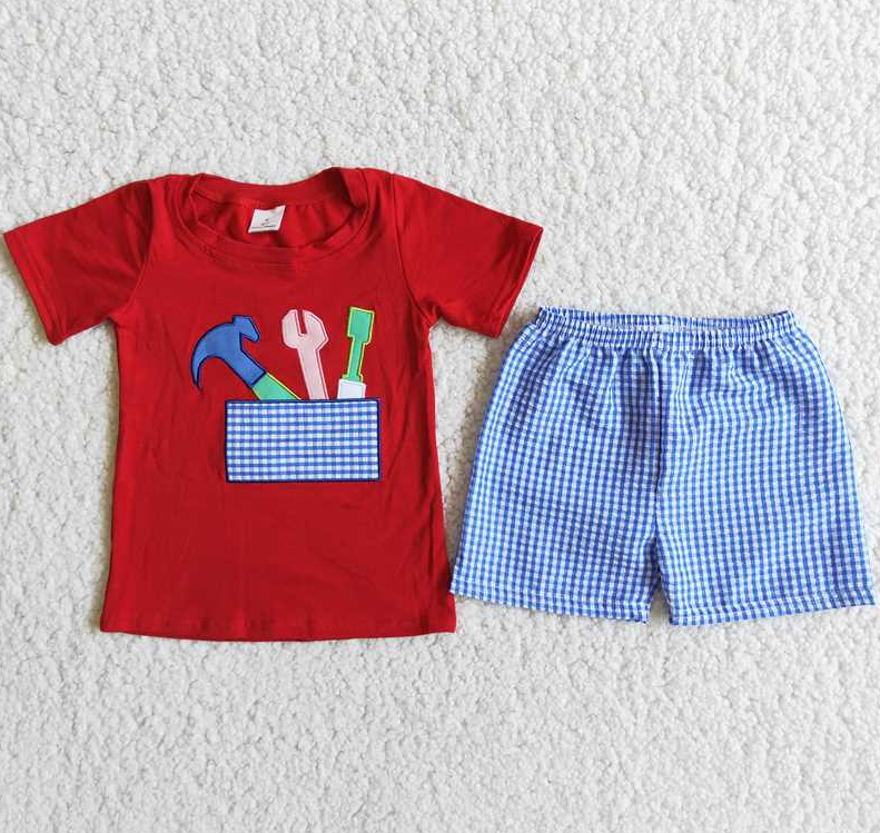 Baby Boy Summer Embroidery Tool Box Plaid Shorts Outfit