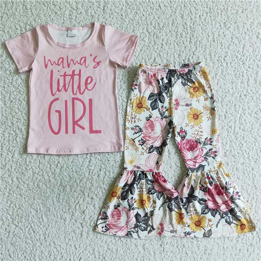 GSPO0153 Mama's Little Girl Short Sleeves Pink Shirt Floral Bell Pants Outfit