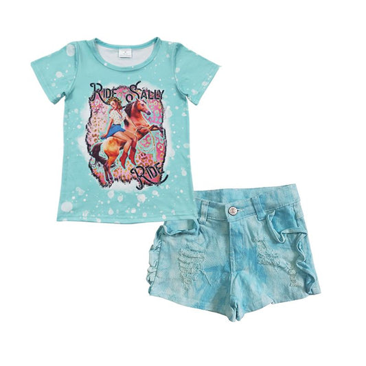 Western Baby Girl Short Sleeves Rodeo Shirt Denim Shorts Outfit