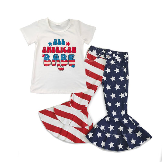 Baby Girl All American Babe Short Sleeves Shirt Stars Striped Denim Pants July 4th Outfit