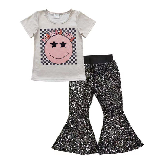 Baby Kids Short Sleeves Mama's Girl Shirt Black Sequins Pants Outfit