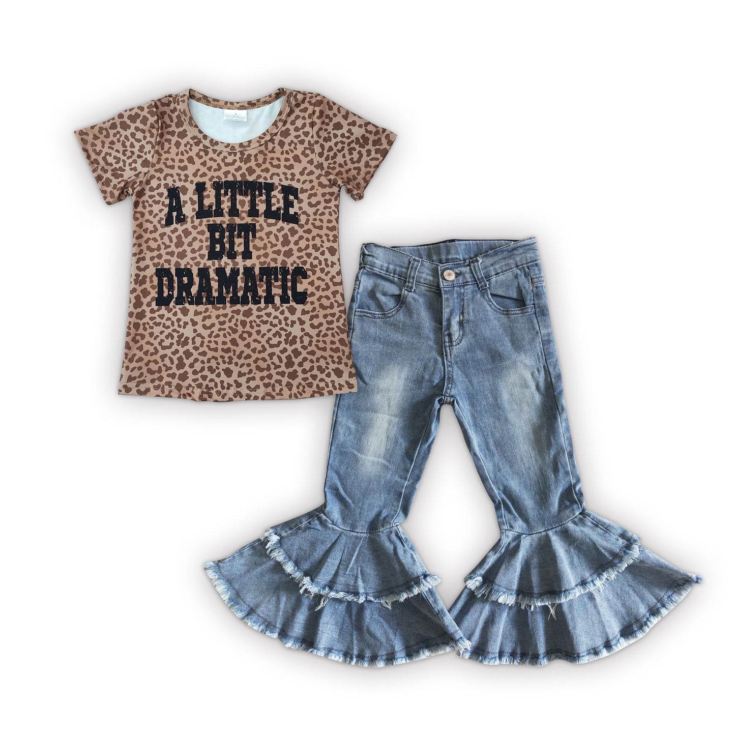 Baby Kids Short Sleeves a little bit dramatic Leopard Shirt Denim Jeans Pants Outfit
