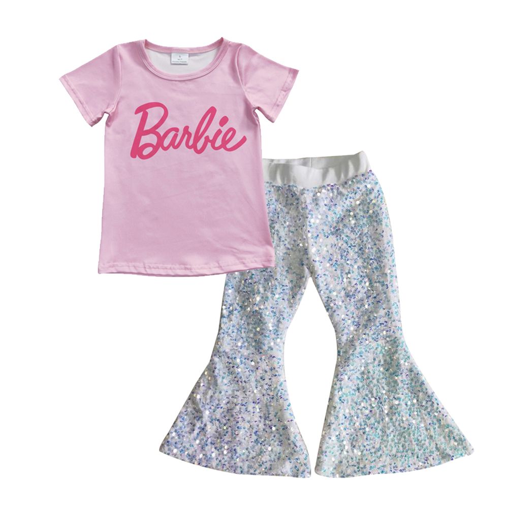 Baby Girl Kids Short Sleeves Pink Doll Shirt Sequins Pants Birthday Outfit