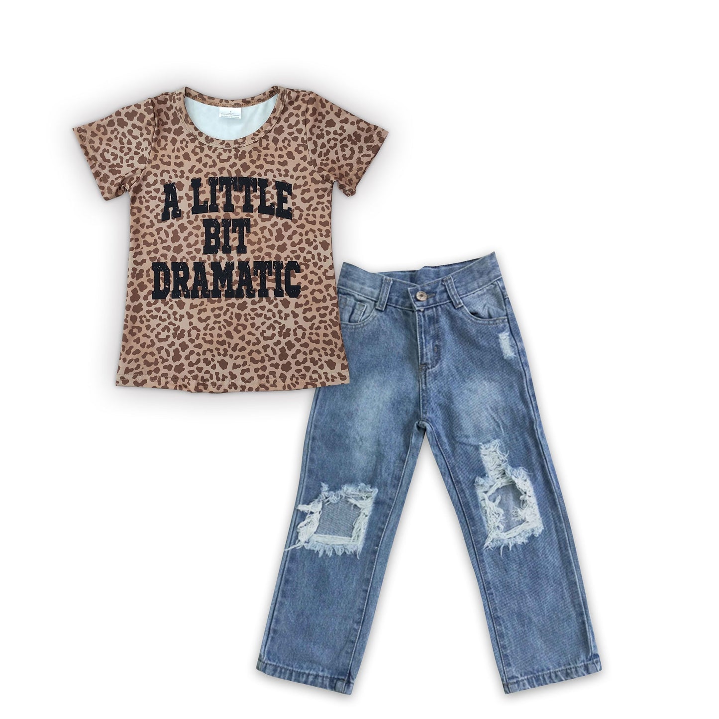 Baby Kids Short Sleeves a little bit dramatic Leopard Shirt Denim Jeans Pants Outfit