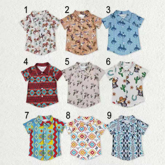 Sibling Baby Boys Kids Short Sleeve Western Print Buttons Shirts Tops