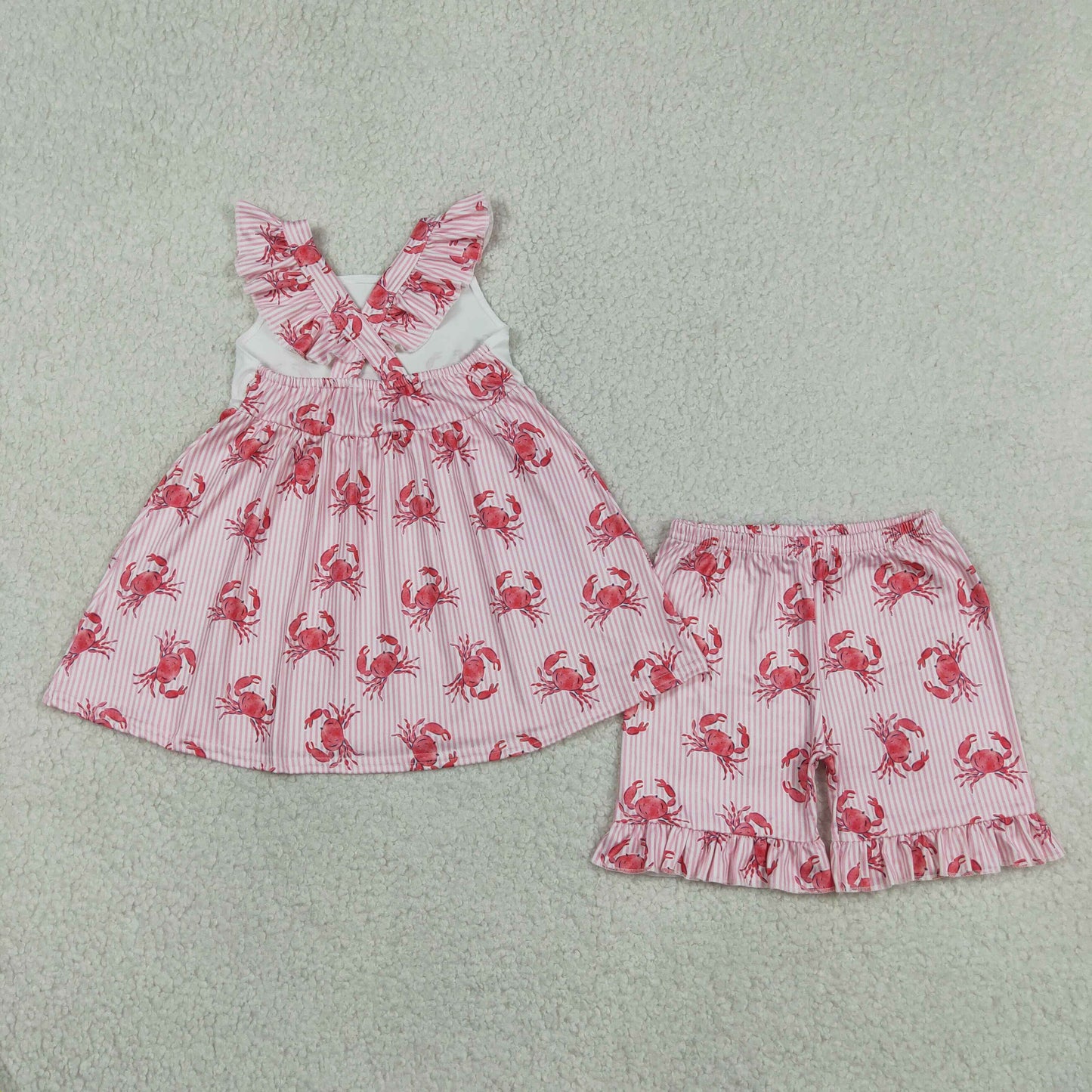 Baby Girls Short Sleeves Crabs Stripes Tops Ruffle Shorts Summer Clothes Set RTS