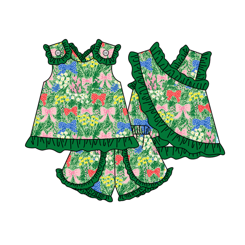 ( Moq 5 ) Preorder Baby Girl Kids Bows Green Ruffle Tops Shorts Set Summer Clothes