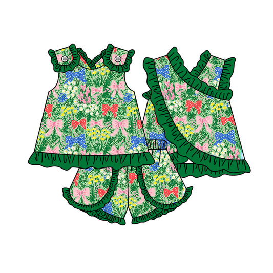 ( Moq 5 ) Preorder Baby Girl Kids Bows Green Ruffle Tops Shorts Set Summer Clothes