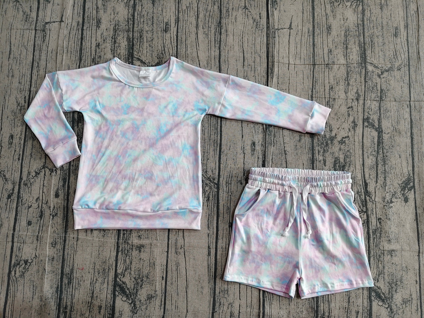 Baby Girls Kids Long Sleeves Tie Dye Tops Pockets Shorts Clothes Set RTS
