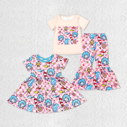 Baby Girl Short Sleeves Checkered Reading Sibling Dress Set