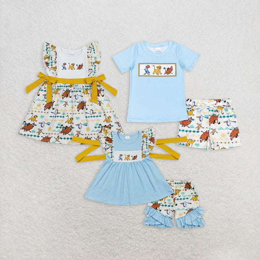 Sibling Baby Boys Girls Short Sleeves Lions Clothes Summer Cotton Sets RTS