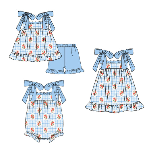 ( Moq 5 Each Style ) Sibling Baby Girls Kids Strawberry Blue Plaid Romper Dress Set Summer Clothes