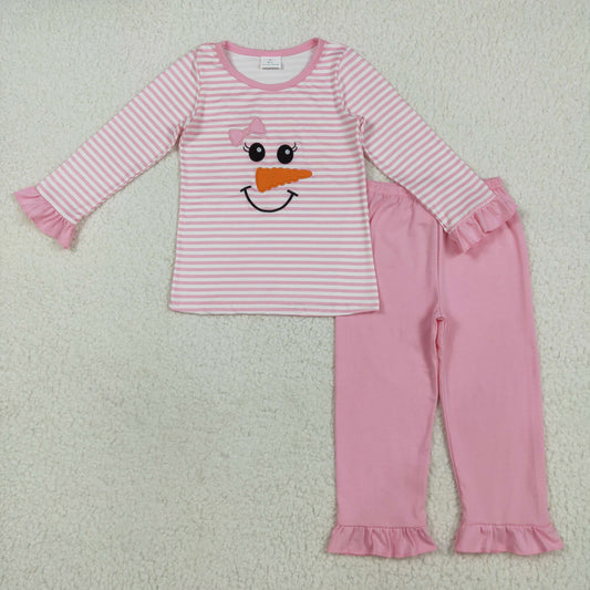 Baby Girl Long Sleeves Embroidery Snowman Stripes Shirt Pink Pants Christmas Pajamas Set Clothes RTS