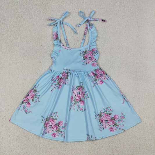 Baby Girls Kids Sleeveless Flower Knee Length Blue Dress Summer Clothes RTS