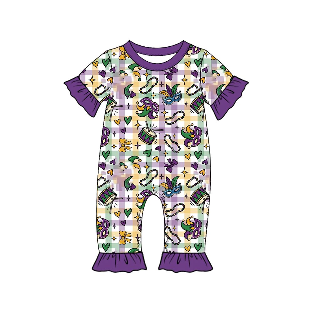 ( Moq 5 ) Preorder Baby Girls Kids Short Sleeves Masks Plaid Mardi Gras Romper Clothes