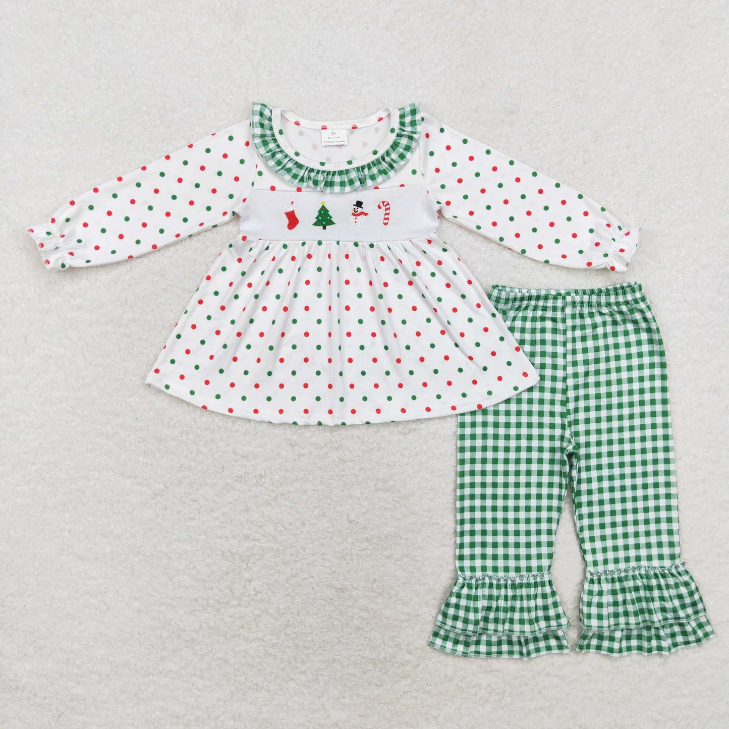 Baby Girl Christmas Santa Tree Dots Embroidery Tunic Green Plaid Pants Set