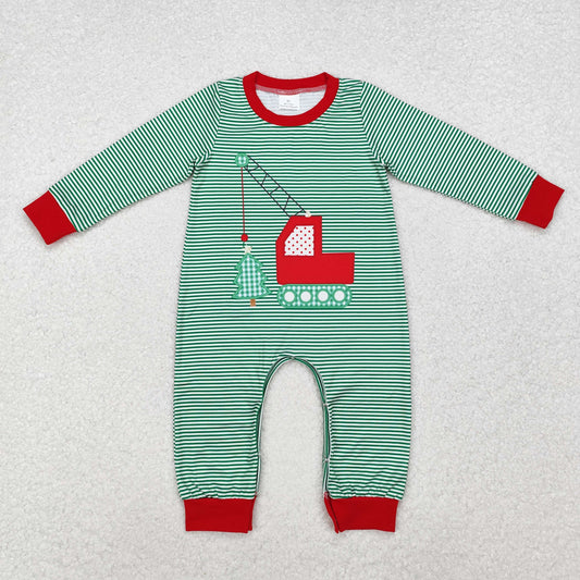 Baby Boy Long Sleeves Christmas Green Stripes Construction Tree Romper