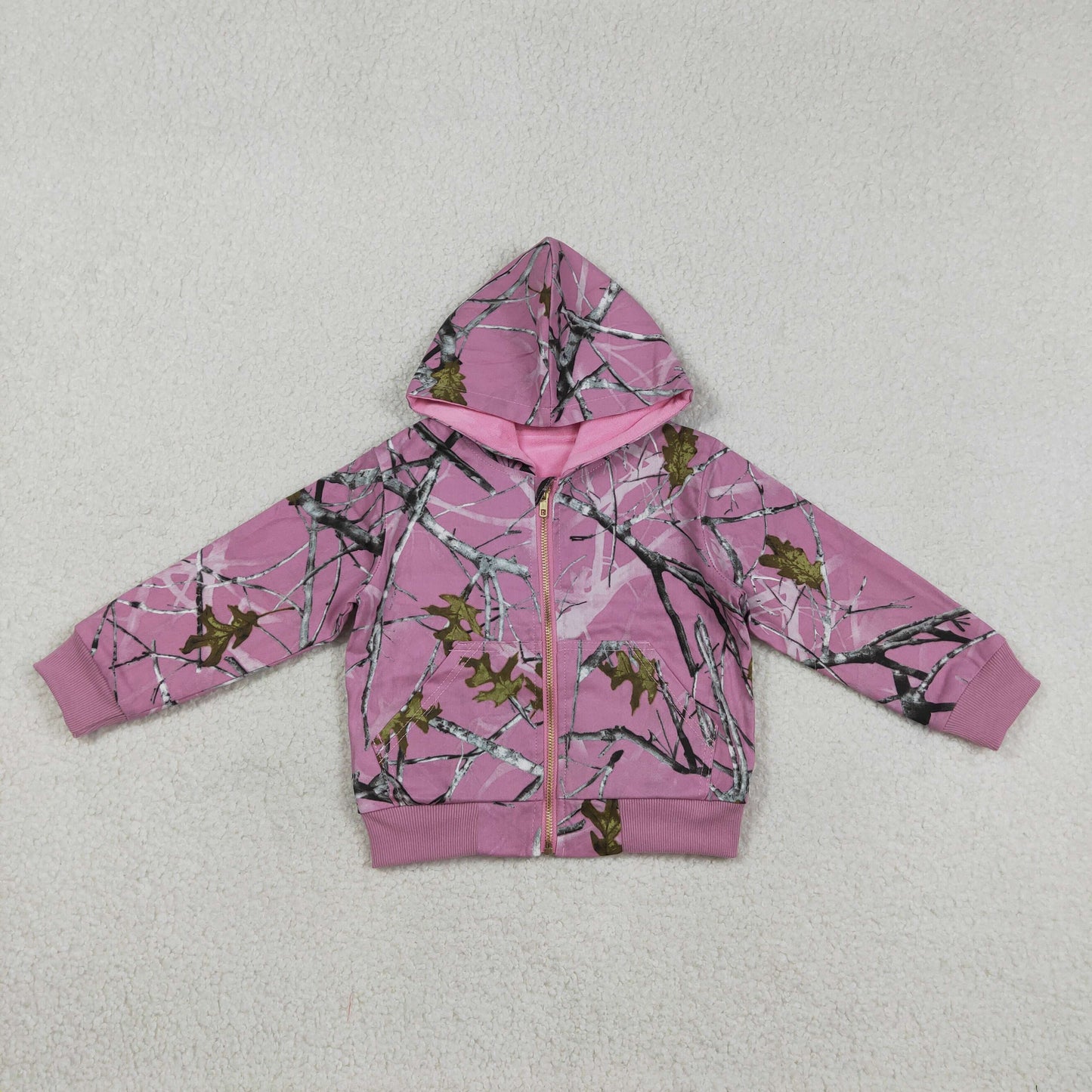 Baby Girls Long Sleeves Southern Leaves Camo Zipper Pockets Pink Hoodie Jackets Coat RTS