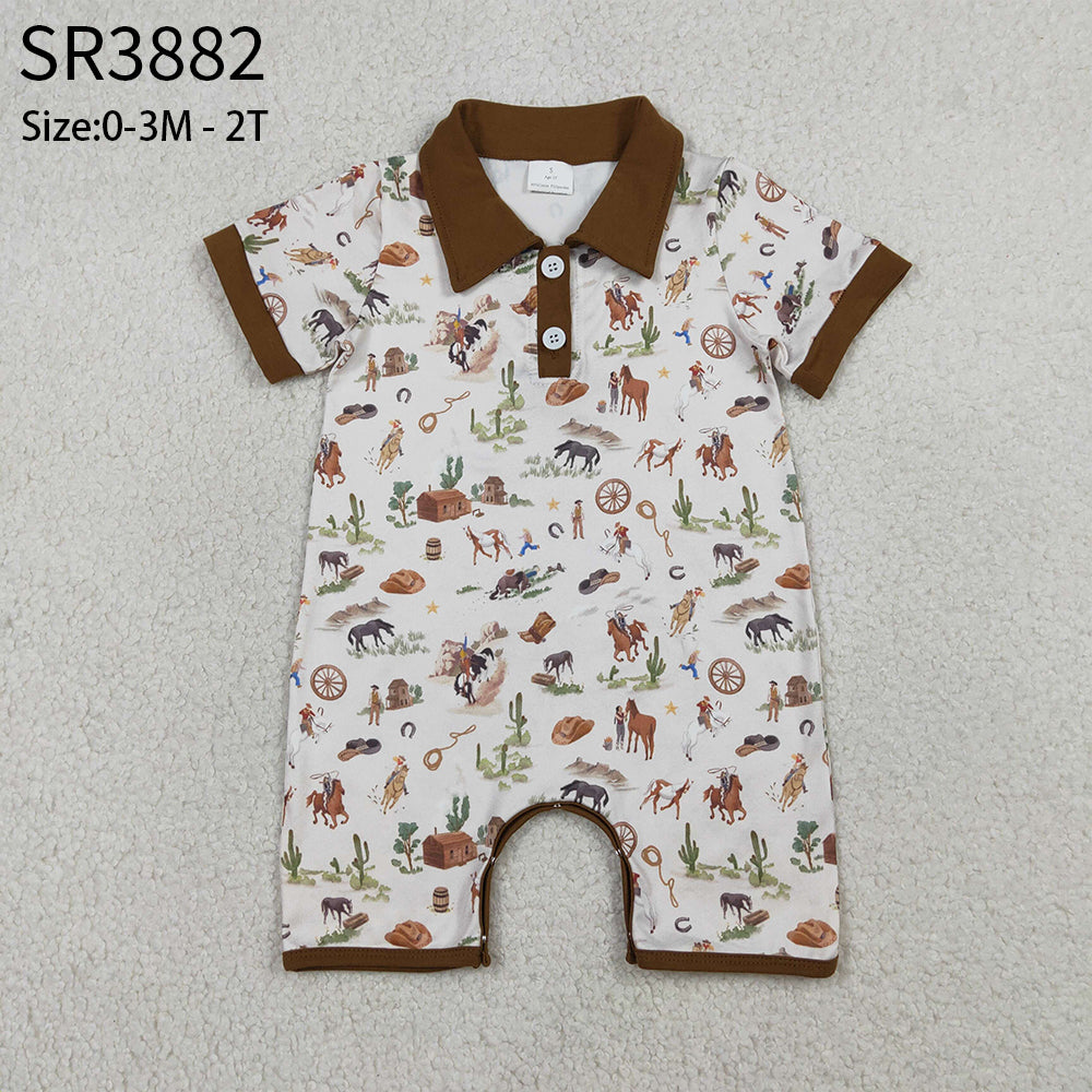 Baby Boys Kids Short Sleeves Western Rodeo Cactus Buttons Brown Romper RTS
