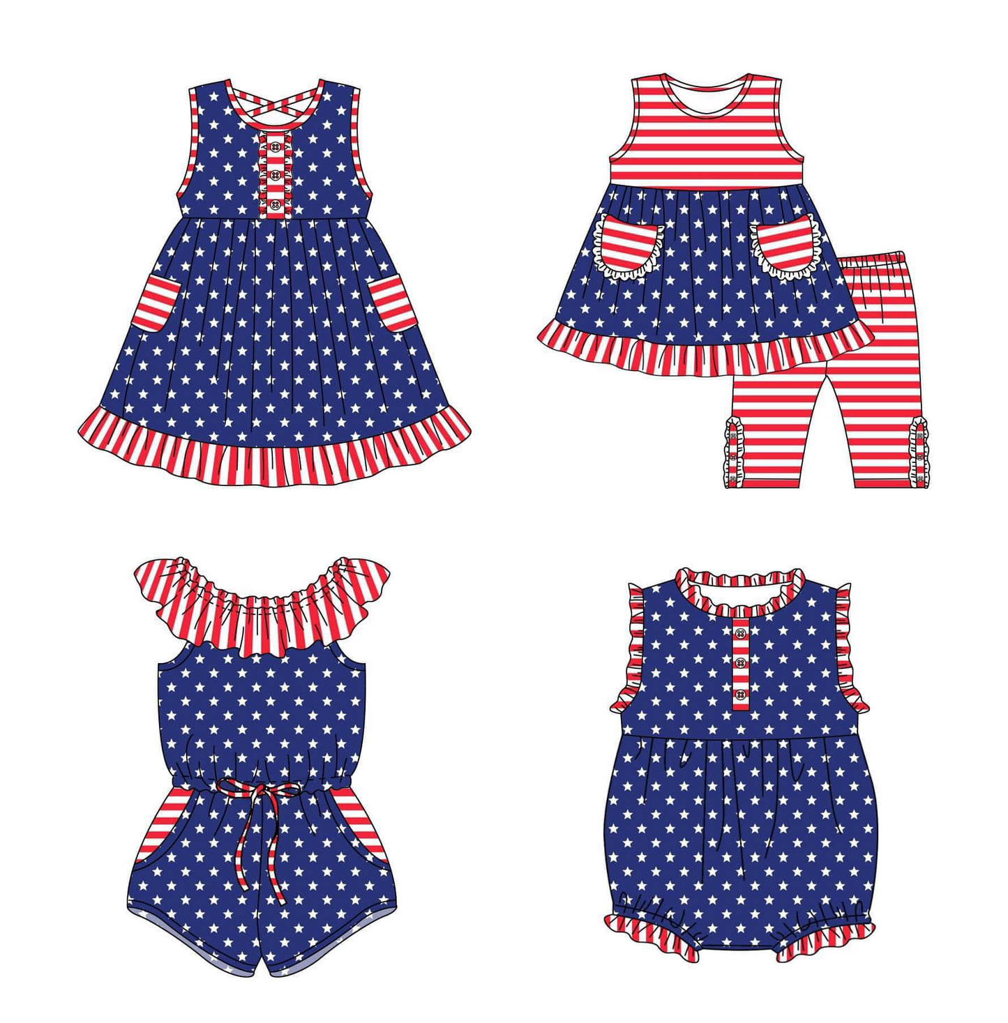 Moq 3 Pre-order SR1299 July 4th Baby Girl Stars Stripes Pocket Shorts Summer Jumpsuit