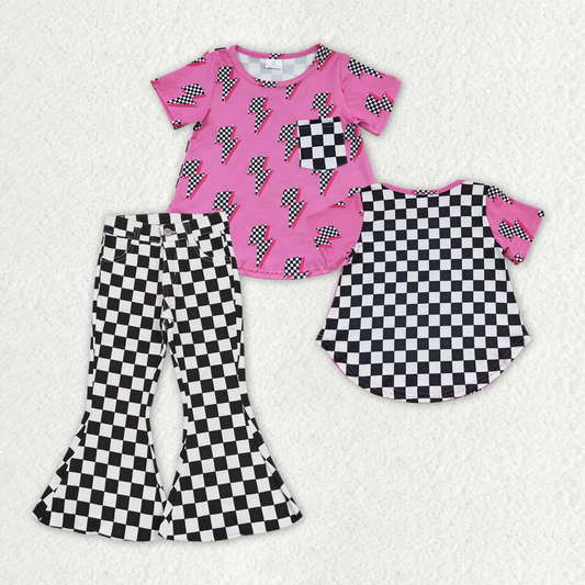 GSPO1411 Baby Girl Short Sleeves Pocket Tops Black Checkered Denim Bell Pants Set
