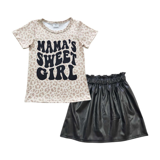 Short Sleeves Mama's Sweet Girl Leopard Shirt Black Pleather Skirt Summer Outfit