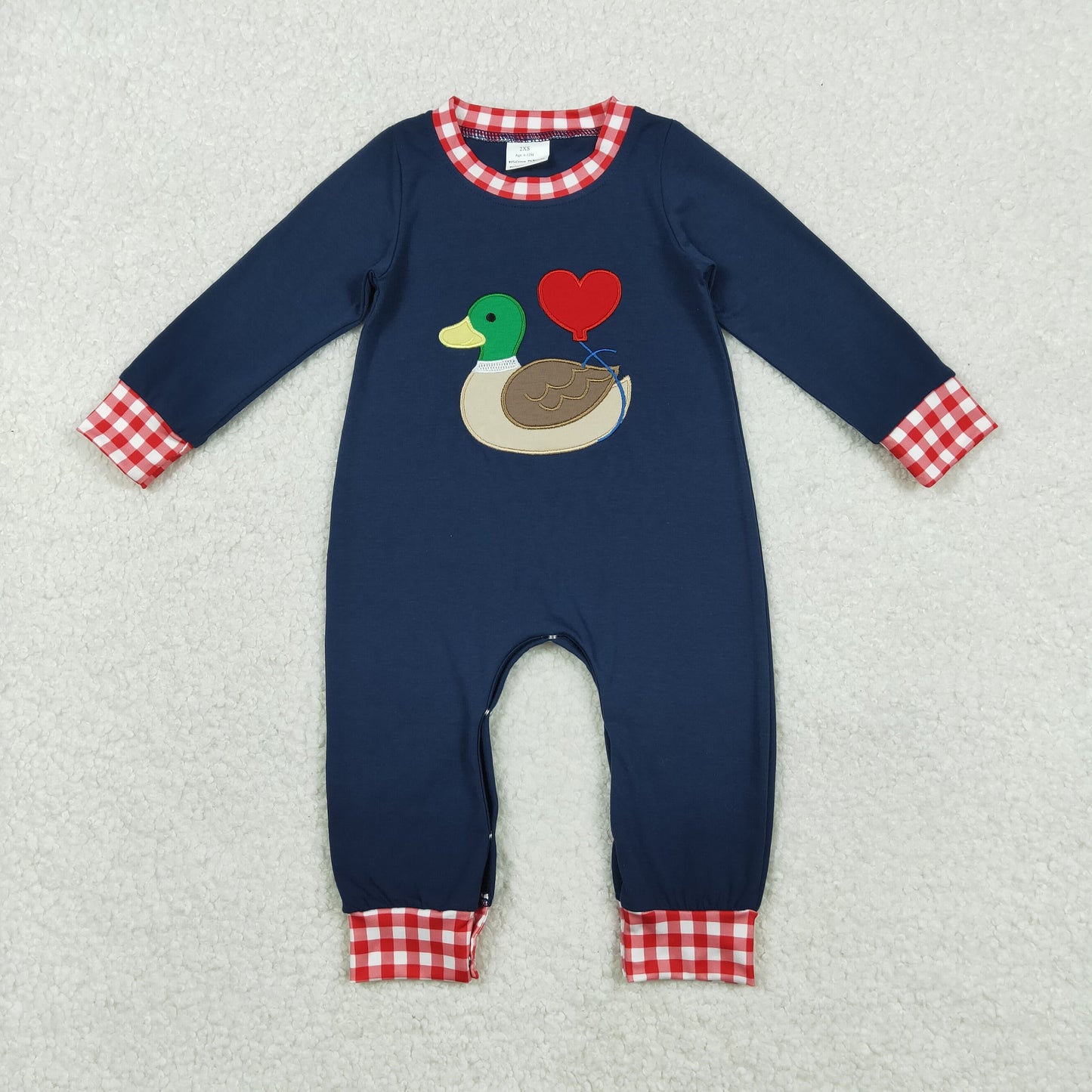 Baby Boys Infant Navy Long Sleeves Embroidery Duck Heart Valentine's Day Romper RTS