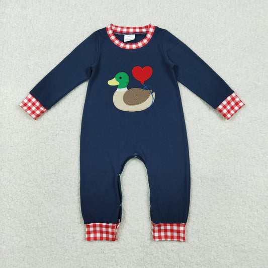 Baby Boys Infant Navy Long Sleeves Embroidery Duck Heart Valentine's Day Romper RTS