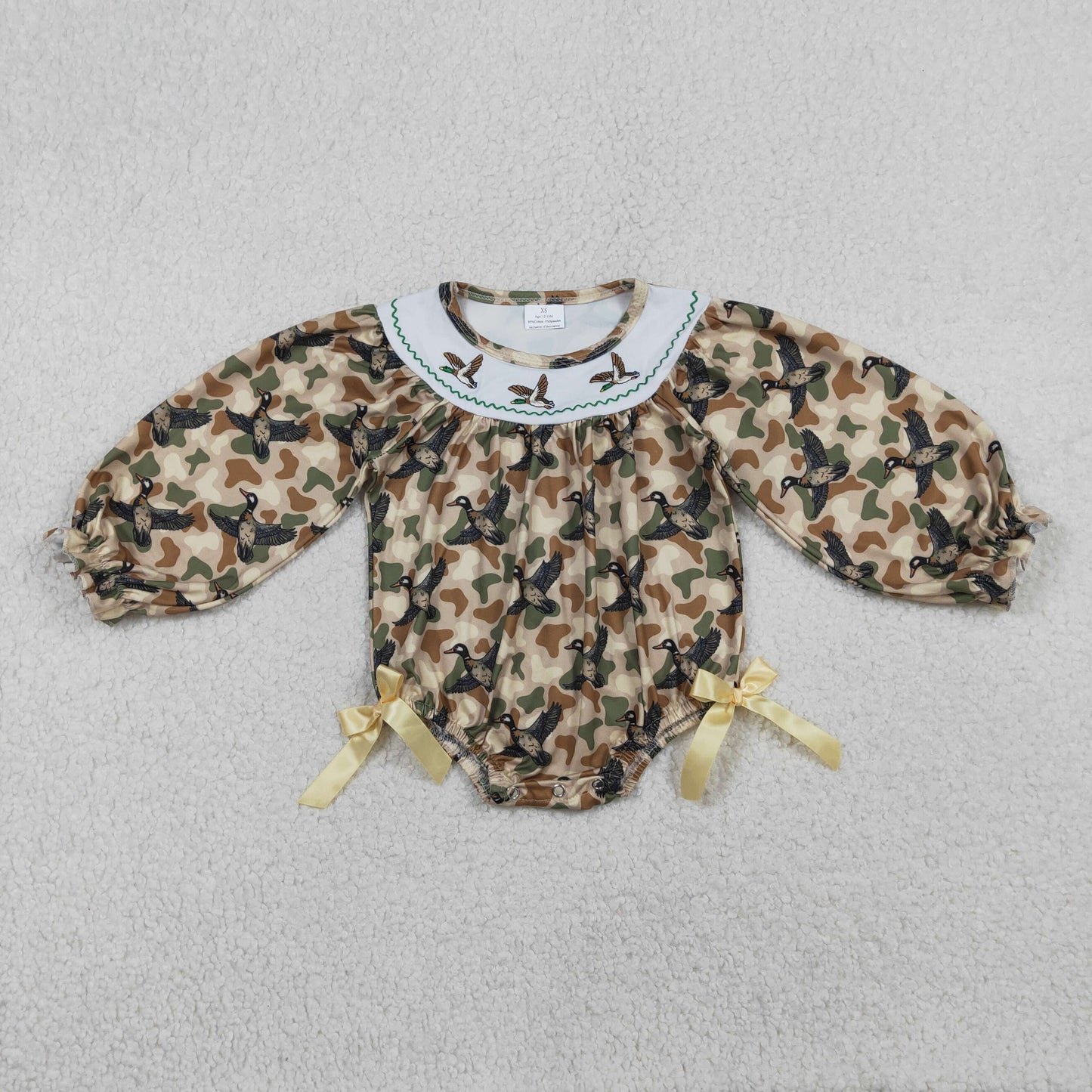 Baby Girls Infant Long Sleeves Embroidery Ducks Camo Bows Hunting Bubble Romper RTS