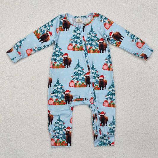 Baby Boy Christmas Western Highland Cow Zipper Bamboo Romper