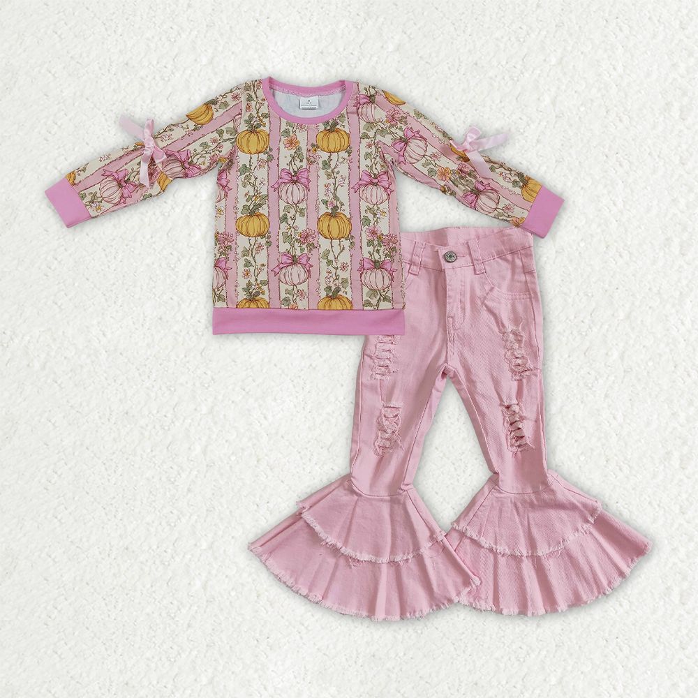 Baby Girls Pumpkins Bows Flower Shirt Pink Jeans Denim Pants Set Fall Clothes RTS