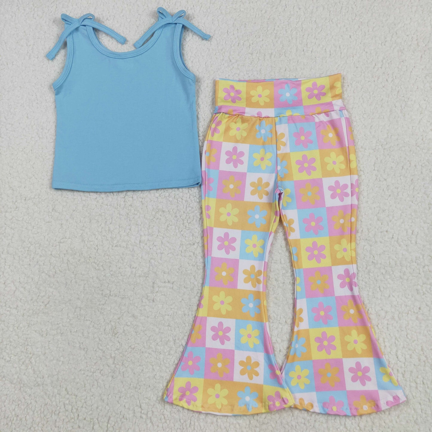 Baby Girl Blue Sleeveless Tops Flower Plaid Bell Bottom Pants Set RTS