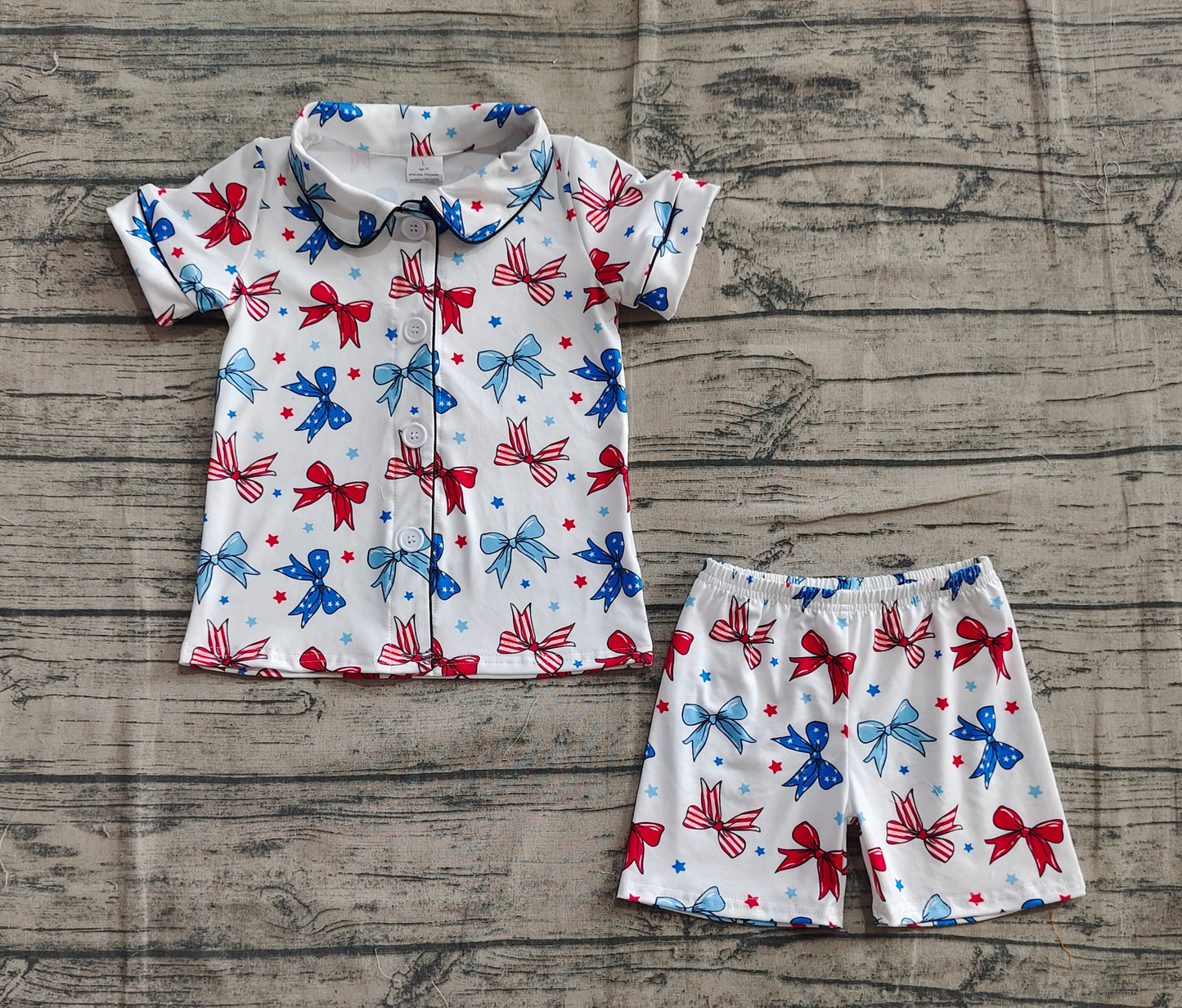 Baby Girl Short Sleeves Bows Button Shirt Shorts 4th Of July Pajamas Set RTS