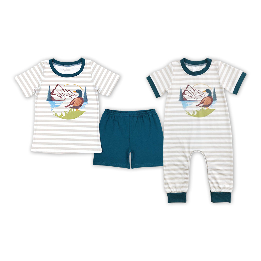 Baby Boy Short Sleeves Stripes Ducks Hunting Rompers Brother Clothing Sets