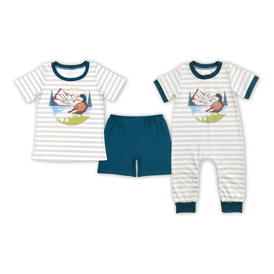 Baby Boy Short Sleeves Stripes Ducks Hunting Rompers Brother Clothing Sets