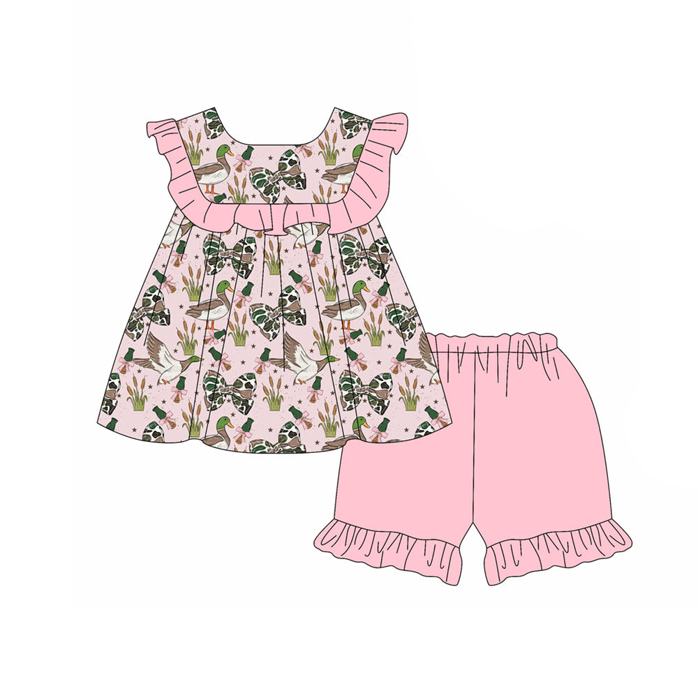 ( Moq 5 ) Preorder Baby Girl Kids Ducks Bows Ruffle Tunic Shorts Set Hunting Clothes