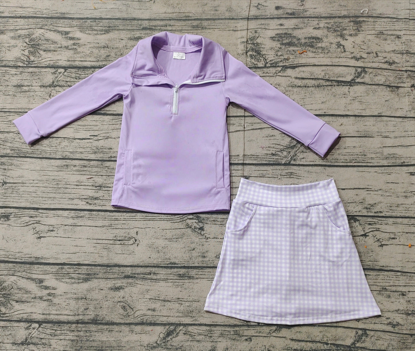 RTS Baby Girl Long Sleeves Purple Zipper Shirt Plaid Pocket Skorts Shorts Skirt Active Wear Clothes Set