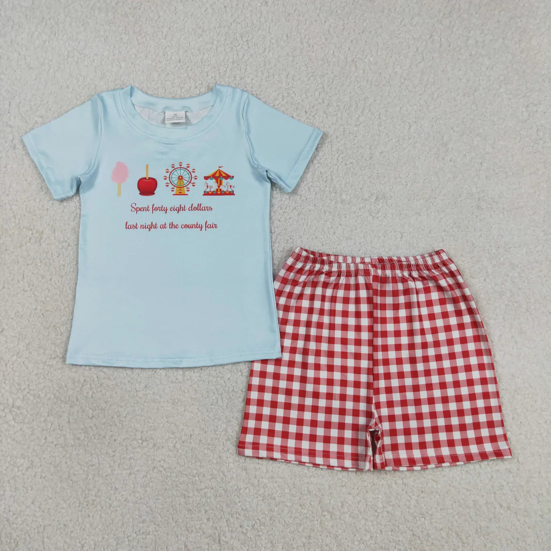 Sibling Baby Boys Girls Blue Tops Red Plaid Shorts Clothes Rompers Sets RTS