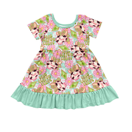 Baby Girl Short Sleeves Cow Flower Western Green Ruffle Dress Moq 5