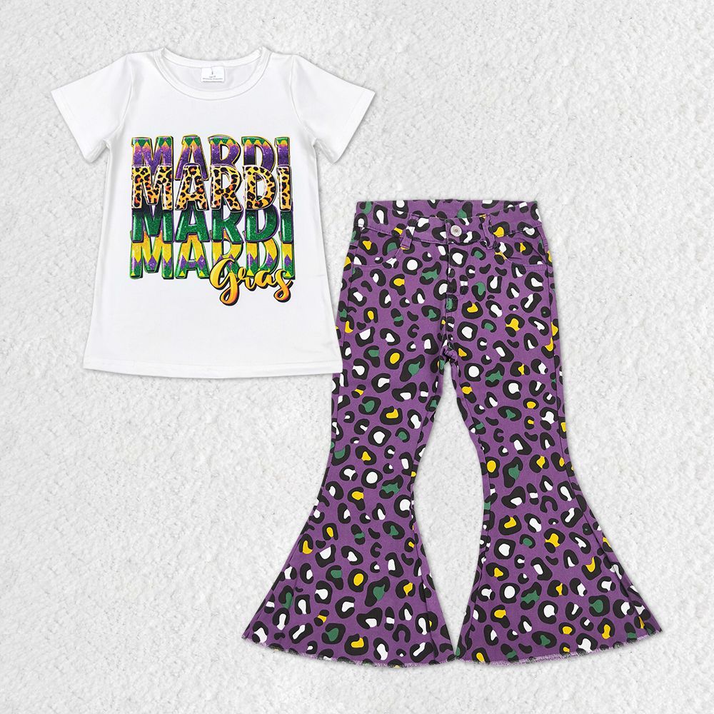 GSPO1329 Baby Girl Mardi Gras Shirt Leopard Purple Denim Pants Set