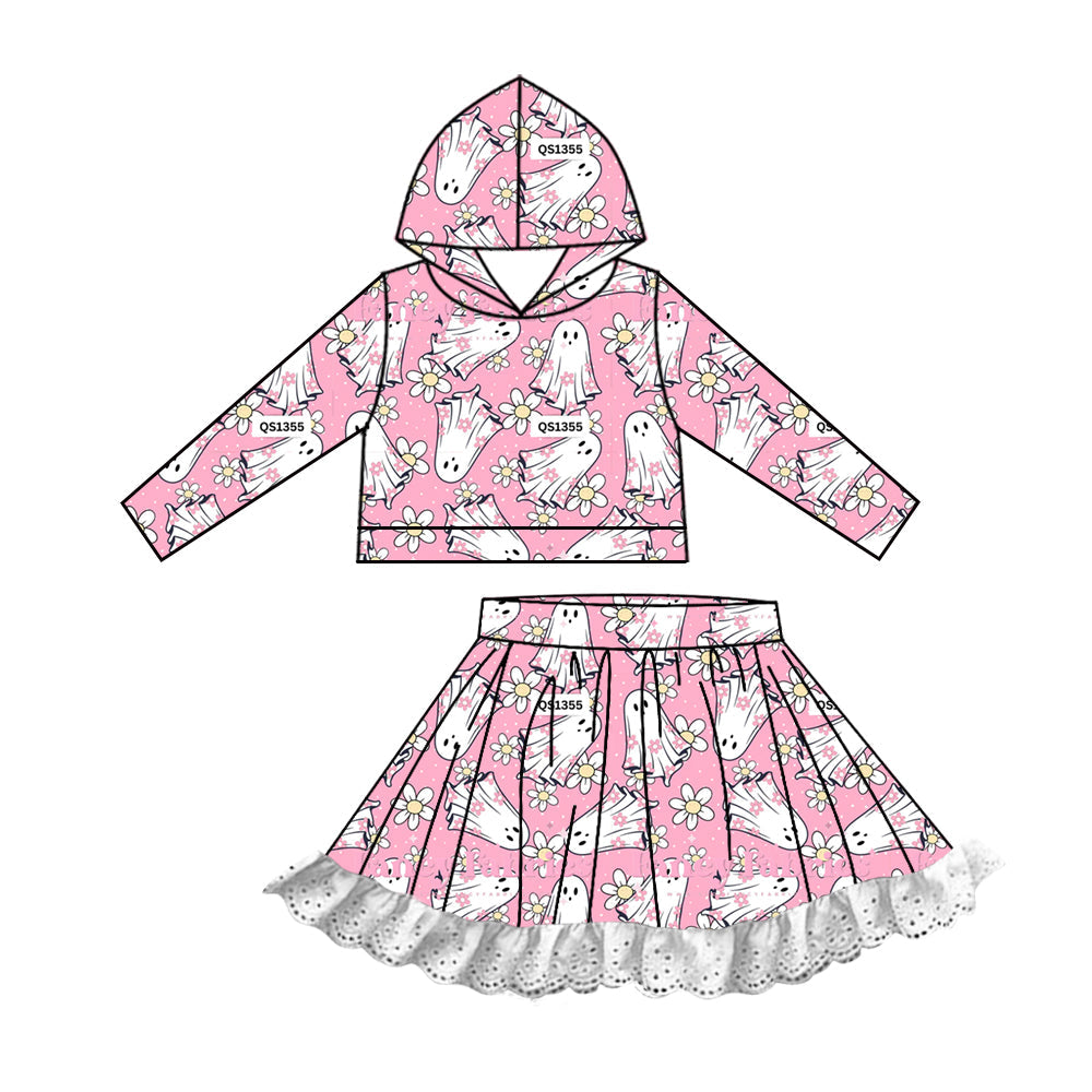 Baby Girl Halloween Pink Ghost Hooded Tops Lace Skirts Clothes Set