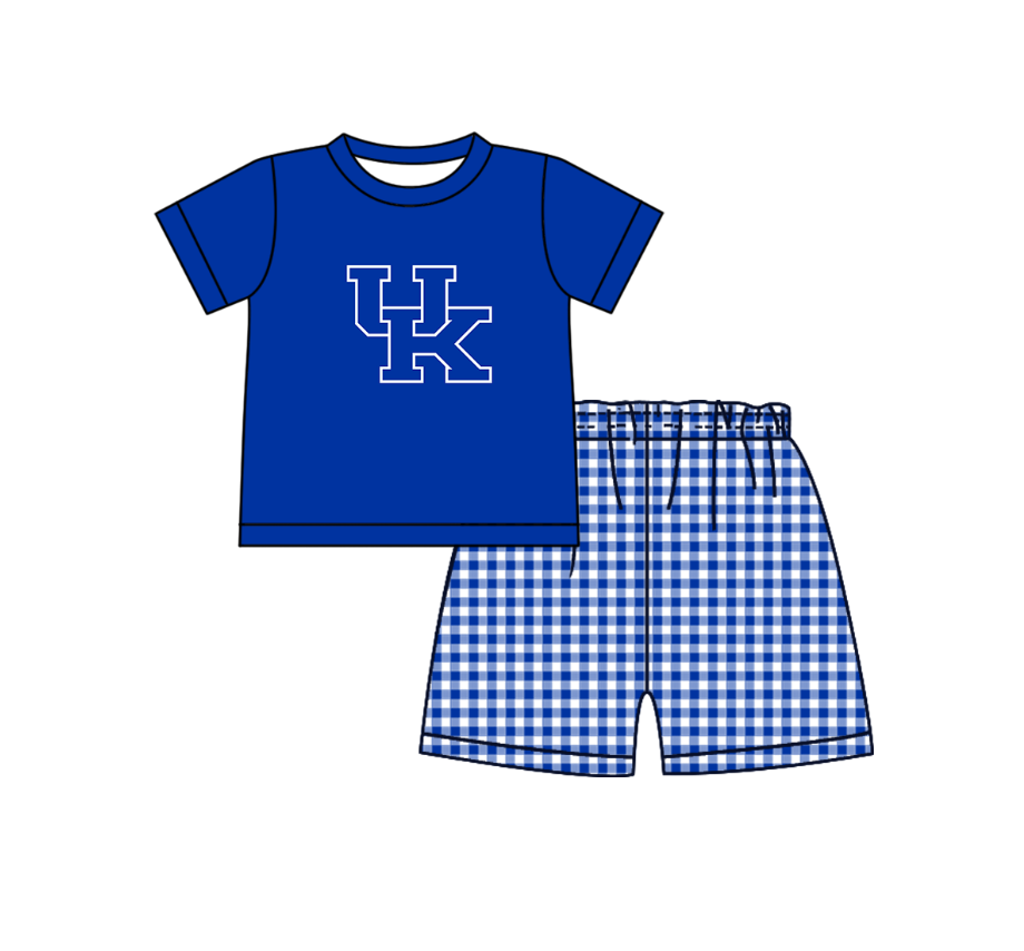 ( Moq 5 ) Baby Boys Toddler Short Sleeves UK Shirt Blue Plaid Shorts Team Summer Set