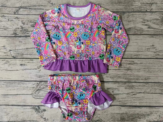 Baby Girl Bathing Suit Dogs Flower Face Purple Tops Shorts Set Swimsuit