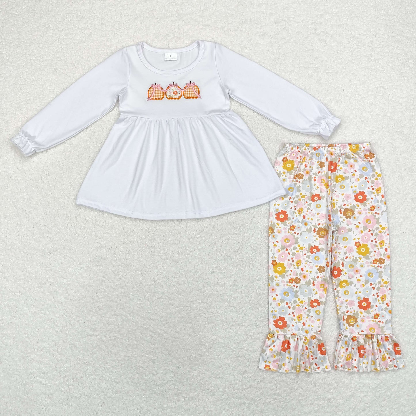 Baby Girl White Long Sleeves Embroidery Pumpkin Tunic Ruffle Floral Pants Fall Set