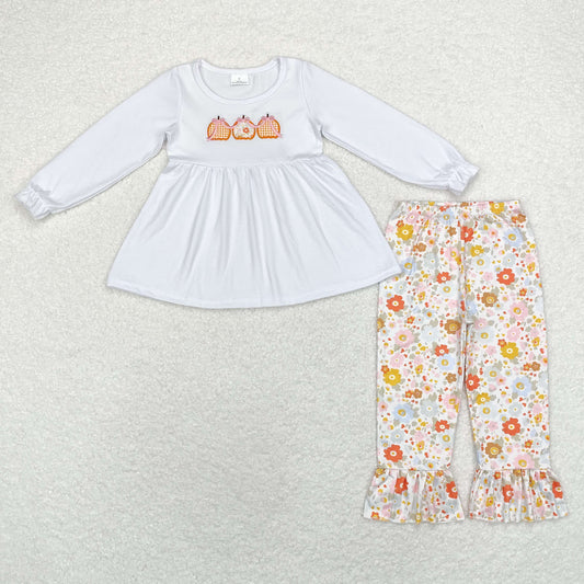 Baby Girl White Long Sleeves Embroidery Pumpkin Tunic Ruffle Floral Pants Fall Set