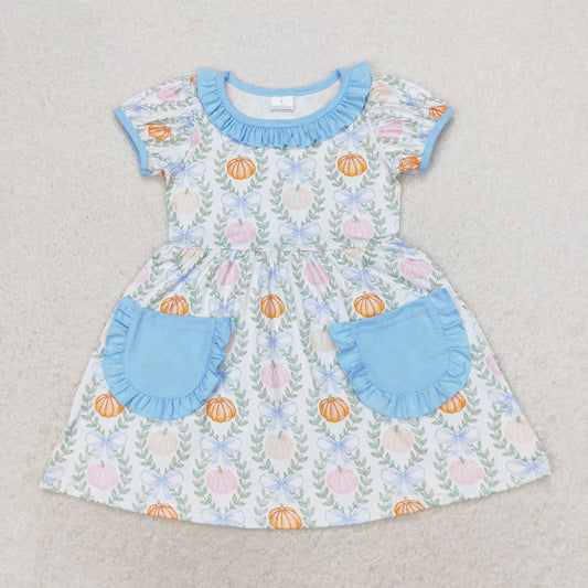 Baby Girl Short Sleeves Pumpkin Blue Pocket Dress