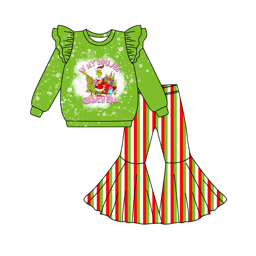 Baby Girl Christmas Green Face Tree Tops Stripes Pants Clothes Set