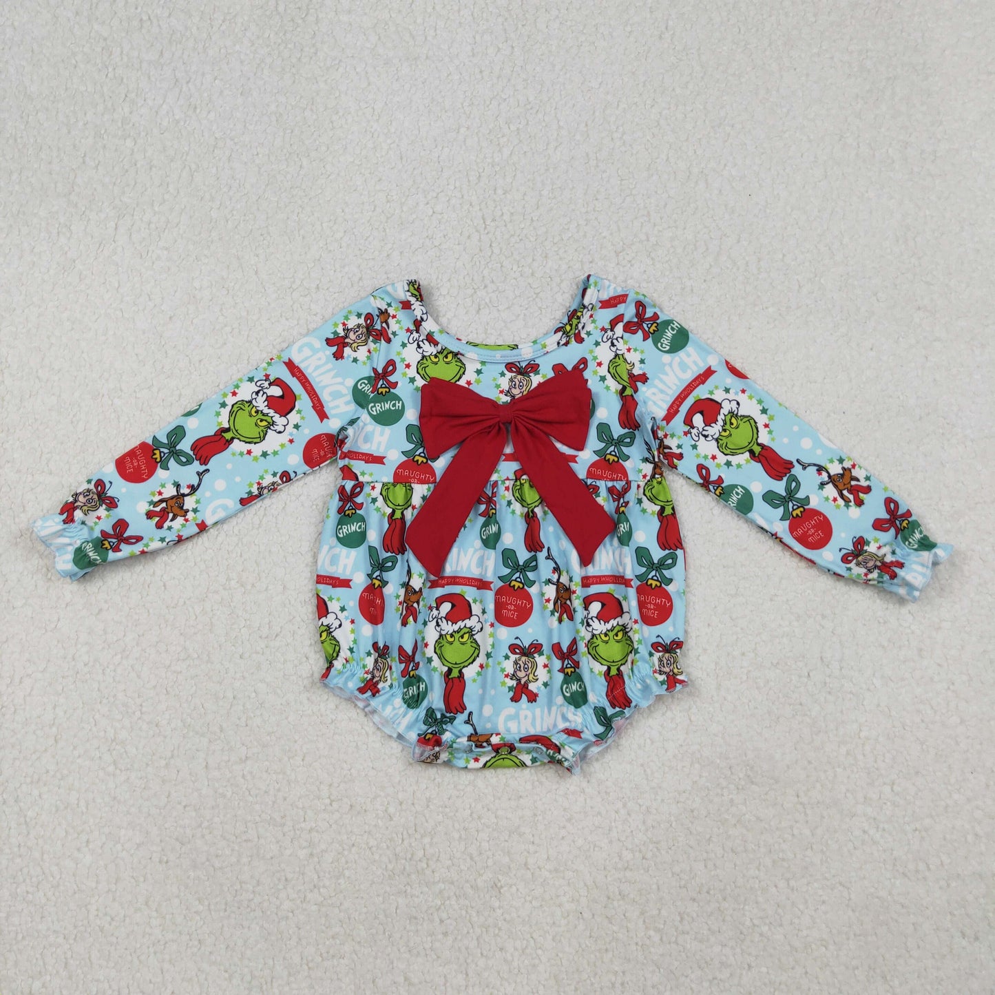 Baby Girl Infant Long Sleeves Green Face Christmas Bow Bubble Romper RTS