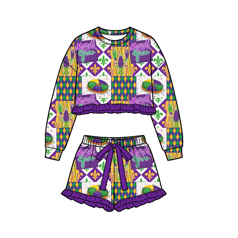 ( Moq 5 ) Preorder Baby Girls Kids Tractors Donuts Crayfish Shirt Shorts Set Mardi Gras Clothes