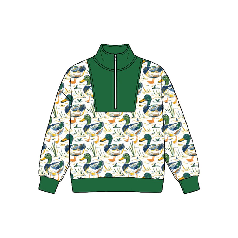 ( Moq 5 ) Preorder Baby Boys Kids Long Sleeves Half Zip Green Pullover Ducks Shirt Tops